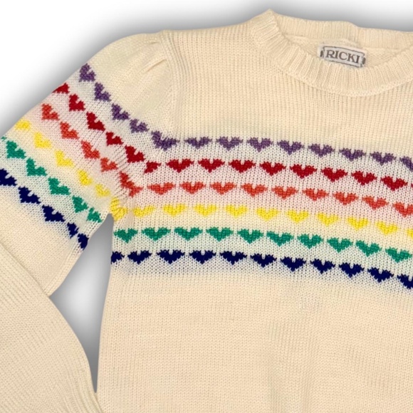 Vintage Cream Knit Sweater, Multicolor Heart Pattern, Sm, 80s Fall - Picture 2 of 10
